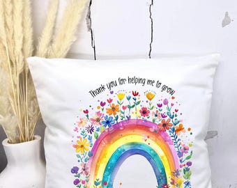 Personalised Cushion, Teacher Gift, Thank You Teacher, Best Teacher, Present, Rainbow, Pillow Cover, Thank You For Helping Me To Grow Custom