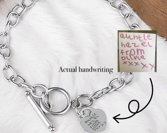 Personalised Engraved Bracelet Beaded Bangle, Your Text Actual Handwriting, Charm, Mothers Day Gift, Valentines Stocking Filler Silver Heart