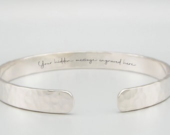 Personalised Engraved Cuff Bracelet Bangle, Hidden Message, Your Text, Silver, Rose Gold Gift, Coordinates,Location, 10th 25th Anniversary