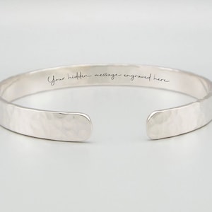 Personalised Engraved Cuff Bracelet Bangle, Hidden Message, Your Text, Silver, Rose Gold Gift, Coordinates,Location, 10th 25th Anniversary