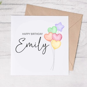 Personalised Birthday Card, Your Name, Balloons, Watercolour, 1st Birthday, Friend, Mum, Sister, Simple, Classy, Minimalist, Your Name