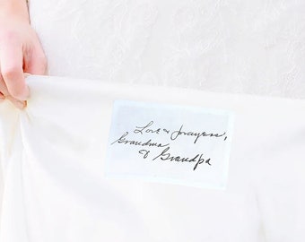 Gepersonaliseerde handschrift bruiloft patch, trouwjurk naai in ijzer op. Iets blauw, op maat gemaakt cadeau, aandenken bruid bruidegom kip bruidsmeisje