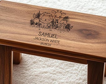 Taburete infantil personalizado, escalón, temática de safari en la jungla, decoración para habitación infantil, taburete de madera, asiento, regalo de bautizo, relleno de calcetín.