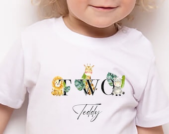 パーソナライズされたサファリバースデーTシャツ、名前と年齢は自由、ギフト、1歳の誕生日、2歳の誕生日、ワイルドな2人、3人、ケーキスマッシュ、写真撮影用衣装、動物