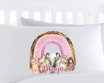 Personalised Rainbow Pillow Case, Bedding, Gift, Boy Girl, Filler, Stocking Stuffer, Safari Animals, Your Name Cushion, Kids Baby etc