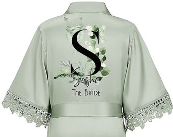 Personalised Lace Bridal Party Wedding Satin Silk Robe Sage Blush Name Dressing Gown Kimonos Bridesmaid Gifts, Maid of Honour, Bride Gift