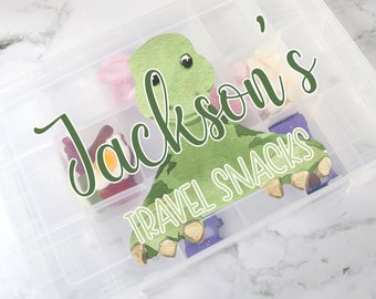Personalised Travel Snack Box, Treat Box, Lunch, Snackle Box, Holiday, Vacation treats, Airplane, Car, Train or Boat Travel, School, Dino