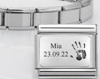 Personalised Engraved Handprint Charm Bracelet Bangle, Nomination Style, Your Text, Silver, Rose Gold Gift, Link, 10th 25th Anniversary Mum
