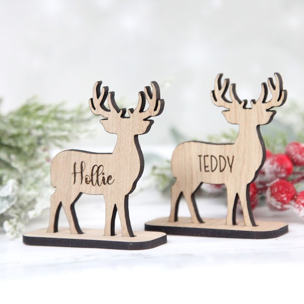 Personalised Christmas Wooden Reindeer Stag Decoration, Table Place Name Card, Engraved, Your Name, Stocking Filler, Your Name Place Setting