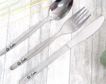 Personalised Childrens Star Cutlery Set, Fork, Spoon, Kids dinner Set, Custom Engraved Name, Stocking Filler Christening 1st Birthday