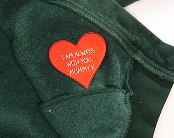 Personalised Iron On Heart Patch, School Jumper, Worry Monster, Handwriting, Pocket Hug, Miss You, When Apart, First Day At School, Nursery