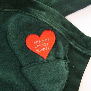 Personalised Iron On Heart Patch, School Jumper, Worry Monster, Handwriting, Pocket Hug, Miss You, When Apart, First Day At School, Nursery