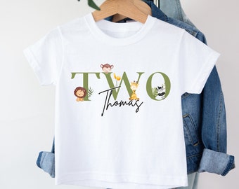 パーソナライズされたサファリバースデーTシャツ、名前と年齢は自由、ギフト、1歳の誕生日、2歳の誕生日、ワイルドな2人、3人、ケーキスマッシュ、写真撮影用衣装、動物