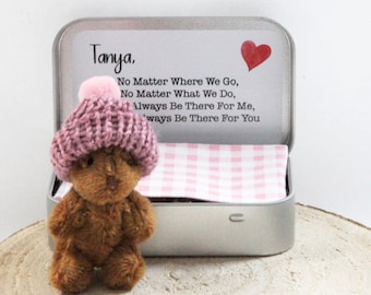 Personalised Teddy Bear, Mini Bear, Moving Gift, Travelling, Stocking Filler, Bear Tin, Always With You, Memorial, Worry Bear, Pocket Hug