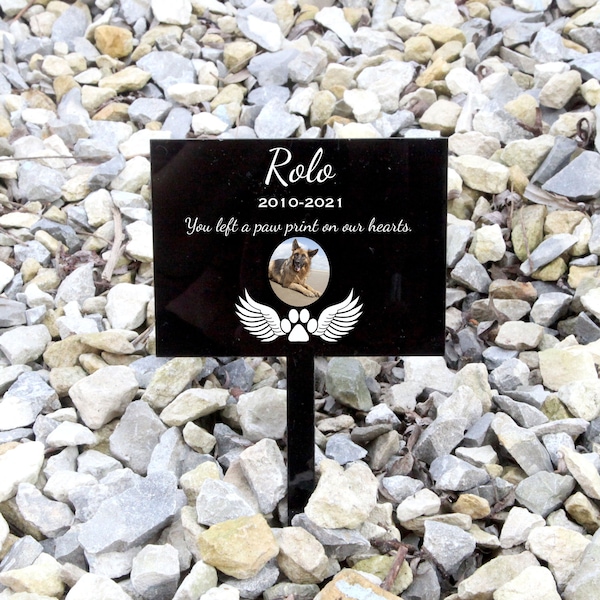 Personalised Pet Grave Stake Marker Headstone Memorial Plaque, Floral Remembrance Stone, In Memory Sign Photo, Cat, Dog, Animal Paw Prints