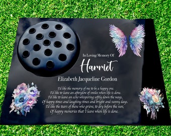 Personalised Grave Stone Marker Headstone Memorial Plaque, Angel Wings Floral Remembrance, In Memory Sign Your photo, Vase Flower Holder Pot