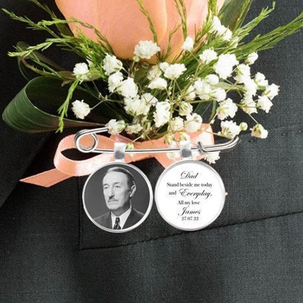 Charme personnalisé de photo de marié, trou de bouton, épingle de cravate, revers, mémorial, boutonnière, charme de bouquet, quelque chose de bleu, souvenir souvenir