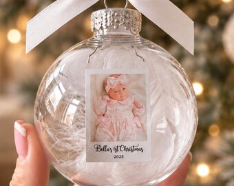 Personalised Photo Christmas Bauble, Feather Tree Clear Ornament Custom Family Picture Decoration, Baby, 1st Christmas Gift, Stocking Filler