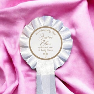 Premio personalizado de insignia de roseta blanca, día de bautizo, bautismo, sagrada comunión, regalo de confirmación, tarjeta, recuerdo, pin