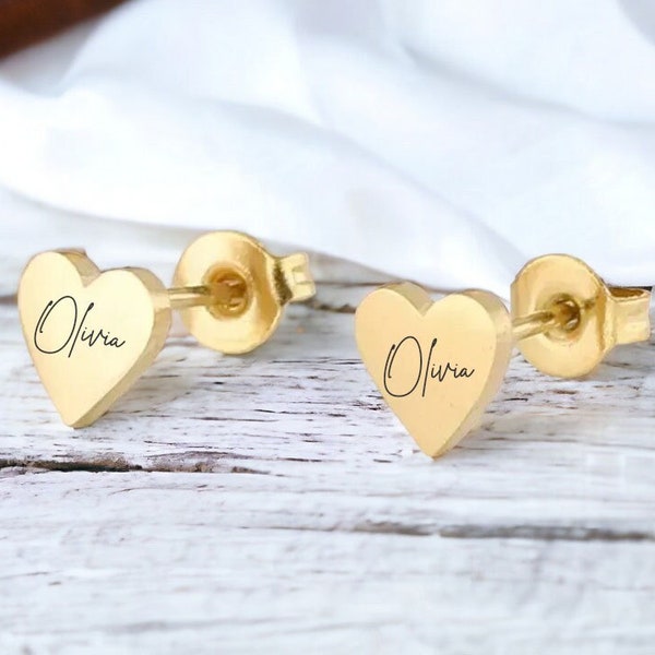 Personalised Engraved Heart Stud Earrings, Silver, Gold, Rose Gold, Your Handwriting, Name, Text, Actual Writing, Gift, Memorial, Keepsake
