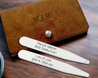 Personalised Engraved Collar Stiffeners, Collar Stays. Groom, Groomsman, Best Man Gift. Includes Personalised Leather Pouch, Wedding Gift