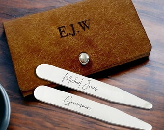 Personalised Engraved Collar Stiffeners, Collar Stays. Groom, Groomsman, Best Man Gift. Includes Personalised Leather Pouch, Wedding Gift