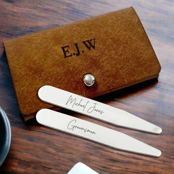 Personalised Engraved Collar Stiffeners, Collar Stays. Groom, Groomsman, Best Man Gift. Includes Personalised Leather Pouch, Wedding Gift