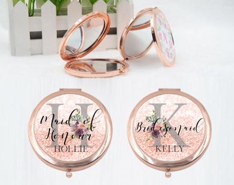 Personalised Rose Gold Compact Mirror Bridesmaid Gift Maid Of Honour, Mother of Bride Groom Gift Box Bag Monogram Pocket Folding Mirror