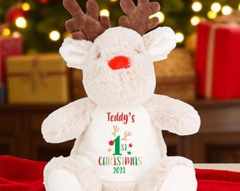 Personalised Baby&#39;s 1st First Christmas Teddy Gift Plush, Reindeer, Stocking Filler, Christmas Eve Box Filler Your Name Elf Secret Santa