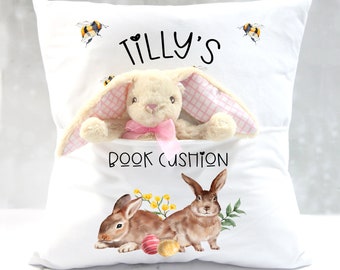 Personalised Easter Bunny Pocket Cushion Cover Book Pillow & Rabbit Soft Toy Stuffed Animal Gift Present New Baby Your Name Easter Teddy