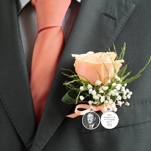 Personalised Groom Photo Charm, Button Hole, Tie Pin, Lapel, Memorial, Boutonniere, Bouquet Charm, Something Blue, Remembrance Keepsake image 2