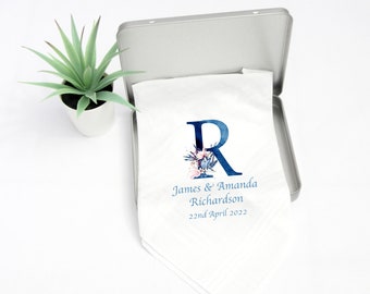 Personalised Wedding Handkerchief Gift Something Blue, Wedding Present Keepsake Tissues Groom Box Dad Father Of The Bride Groom