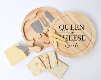 Personalised Wooden Cheese Board & Tools Gift Set, Wedding Present, Stocking Filler For Her Him,Mum Dad, King Queen of Cheese, Cheese Lover