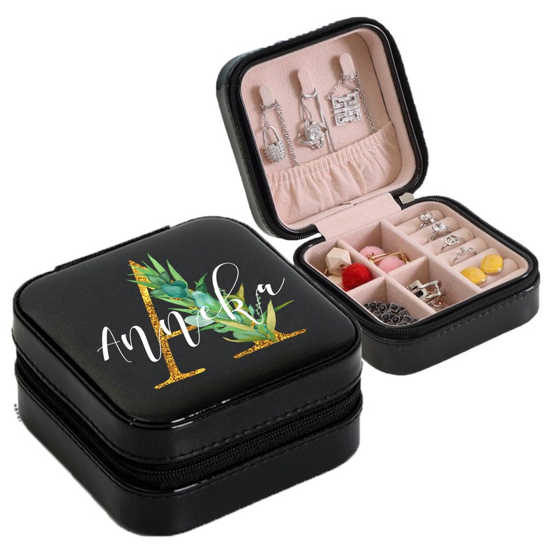Personalised Jewellery Box Travel Case Gold Monogram Bride Bridesmaid Gift Christmas Stocking Filler Gift For Her Black Necklace Valentines