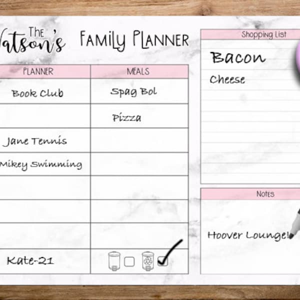 Personalised Family Wall Planner Wipe Clean White Board dry Wipe Organiser Weekly Meal Planner Weight Loss Shopping List White Marble