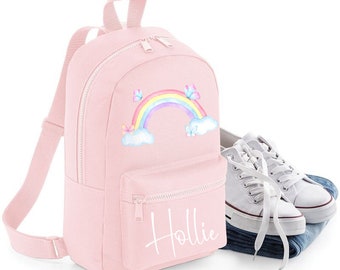 Personalised Rainbow Butterfly Backpack Rucksack Bag, Your Name, Girls Gift, Birthday Flower Girl Present Glitter, Rose Gold Back to School