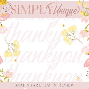 Puede incluir: Un fondo blanco con un borde floral rosa. El texto "SIMPLY Unique UK" est&aacute; en el centro de la imagen. El texto "thank you" se repite en un color rosa descolorido en toda la imagen. El texto "SNAP, SHARE, TAG & REVIEW" est&aacute; en la parte inferior de la imagen. El texto "f@SIMPLYUNIQUEUK" y "E WWW.SIMPLY-UNIQUE.CQUK" est&aacute;n debajo del texto "SNAP, SHARE, TAG & REVIEW".