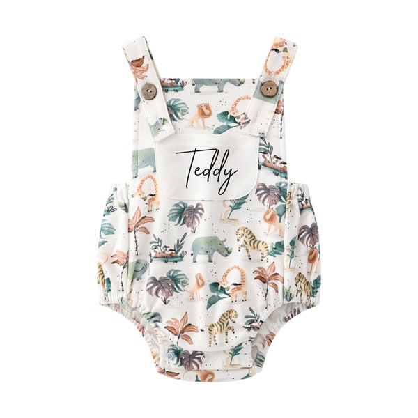 Romper Safari personnalisé, tenue de 1er anniversaire, Cake Smash, Dungarees, Nouveau cadeau de bébé, Gilet, Wild One, Premier Noël, Robe d’été, Haut