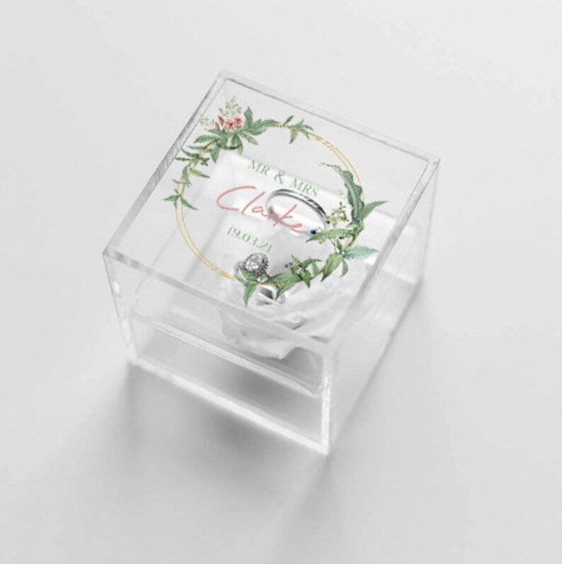 Personalised Clear Acrylic Wedding Ring Box Keepsake Ring Pillow RingBox Mr Mrs Proposal Rustic Jewellery Box Printed Bride Groom Gift
