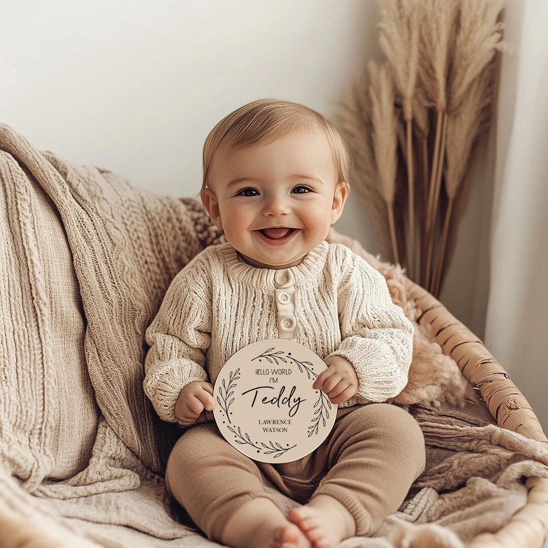 Personalised Wooden Birth Announcement New Baby Name Disc Plaque Sign ...
