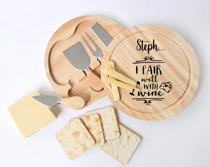 Personalised Cheese Board & Tools Gift Set, Wedding Gift, Christmas Gift Stocking Filler For Her Him,Mum Dad, Secret Santa, Wine Lover
