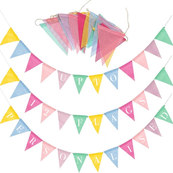 Personalised Bunting, Pastel Colours, 12 Flags, Birthday, Event, Hessian, Your Name, Party Decor, Decorations, Unicorn Mermaid Theme