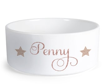 Personalised Printed Dog Bowl, Ceramic Pet Bowl, Cat, Puppy, Food, Water, Animal Lover Gift, Birthday Christmas Present, Rose Gold Glitter