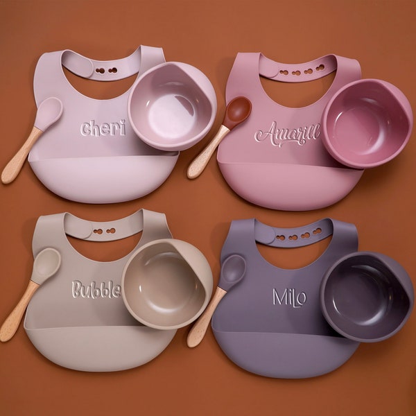 Personalised Engraved Silicone Bib, Suction Bowl, Spoon Feeding Set, Eco Friendly, Gift, New Baby, Toddler, Weaning, Non Spill, 1st Birthday