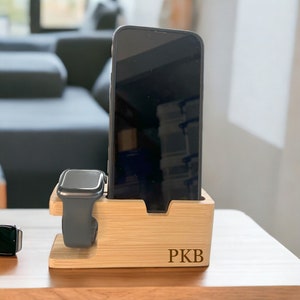 Personalised Wooden iPhone Dock, iWatch, Phone Stand, Charging Station, Bamboo, Gift For Dad, Him, Her, Christmas Birthday Gift Initials