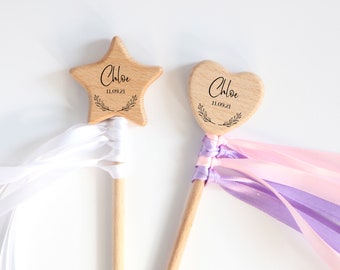 Baguette de fille de fleur personnalisée, baguettes en bois de cœur d’étoile, fée arc-en-ciel, remplissage de sac de fête, danse, remplissage de bas, cadeau pour fille, baguette magique