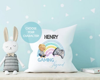 Personalised Gamer Cushion, Pillow, Gift, Boy or Girl,Name, Birthday Stocking Filler Secret Santa Room Decor Gamer Tag Legend Rainbow Consol