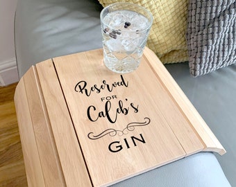 Personalised Wooden Sofa Arm Tray, Table, Rest, Dad Gift, Gin & Tonic Lover, Shelf Christmas Stocking Filler, Fathers Day Birthday, Chair