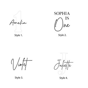 May include: Four different styles of personalized first birthday designs. The first design features the number one with the name Amelia. The second design features the text "Sophia is One" with the number one in a circle. The third design features the name Violet in cursive. The fourth design features the name Juliette with the letter J in a circle.