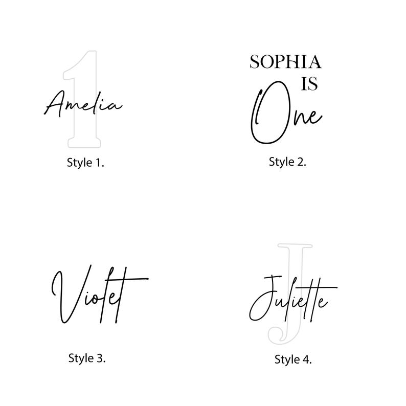 May include: Four different styles of personalized first birthday designs. The first design features the number one with the name Amelia. The second design features the text "Sophia is One" with the number one in a circle. The third design features the name Violet in cursive. The fourth design features the name Juliette with the letter J in a circle.